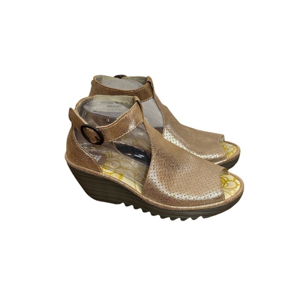 Fly London Yala Platform Wedge Sandal Rose Gold Metallic Leather Sz 40 US 9-9.5